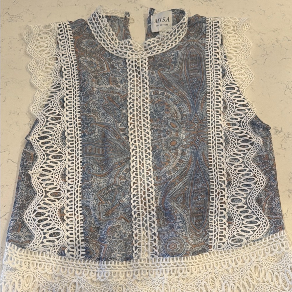 Blue and White Lace Trim Top